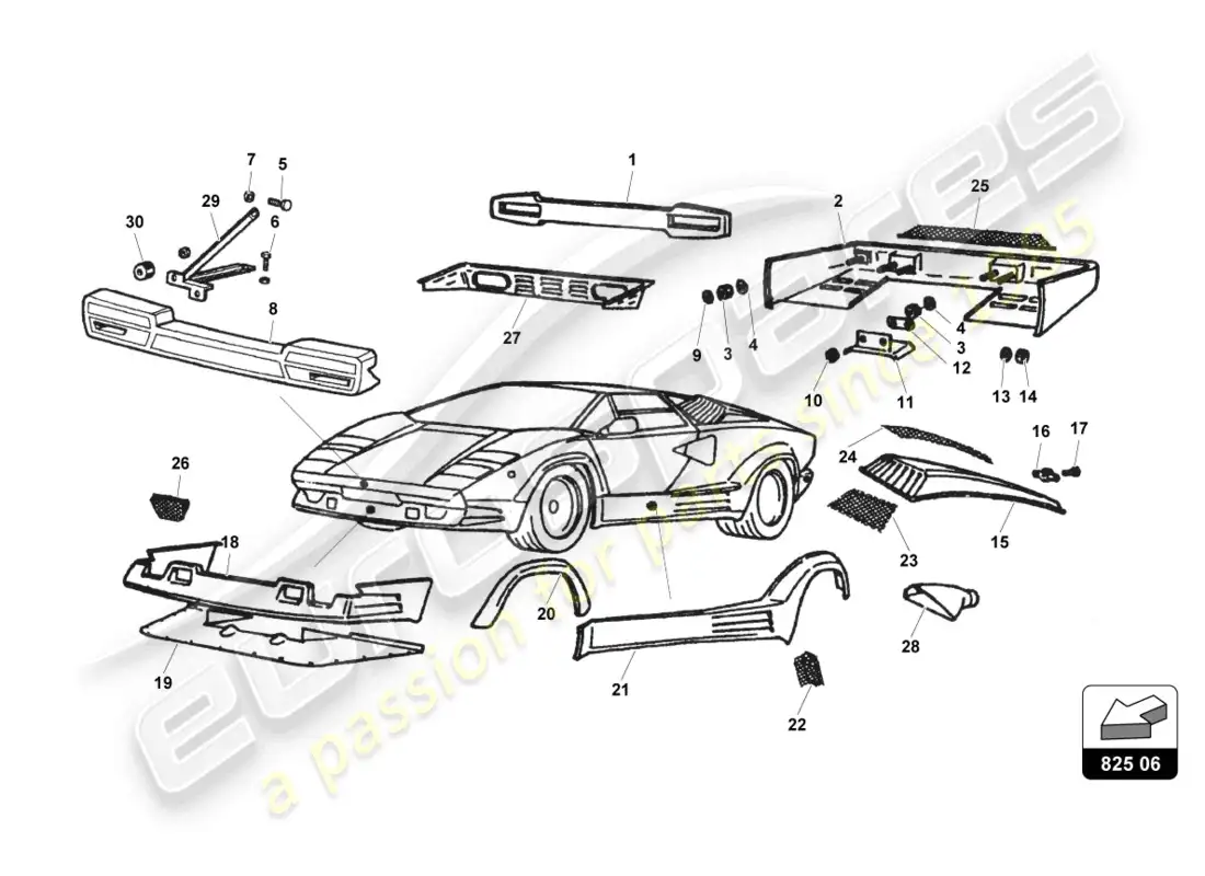 lamborghini countach 25th anniversary (1989) forro externo diagrama de piezas