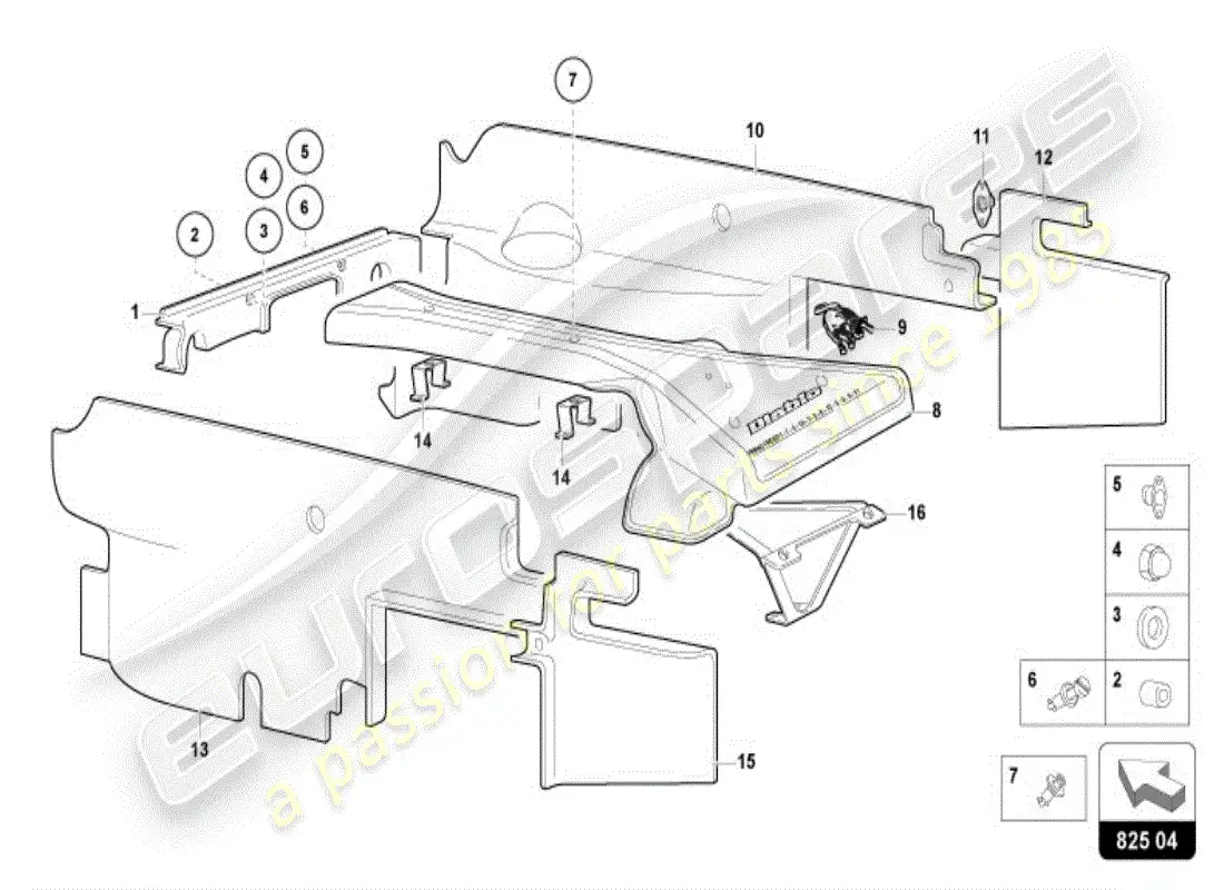 lamborghini diablo vt (1996) diagrama de piezas del panel de revestimiento del motor