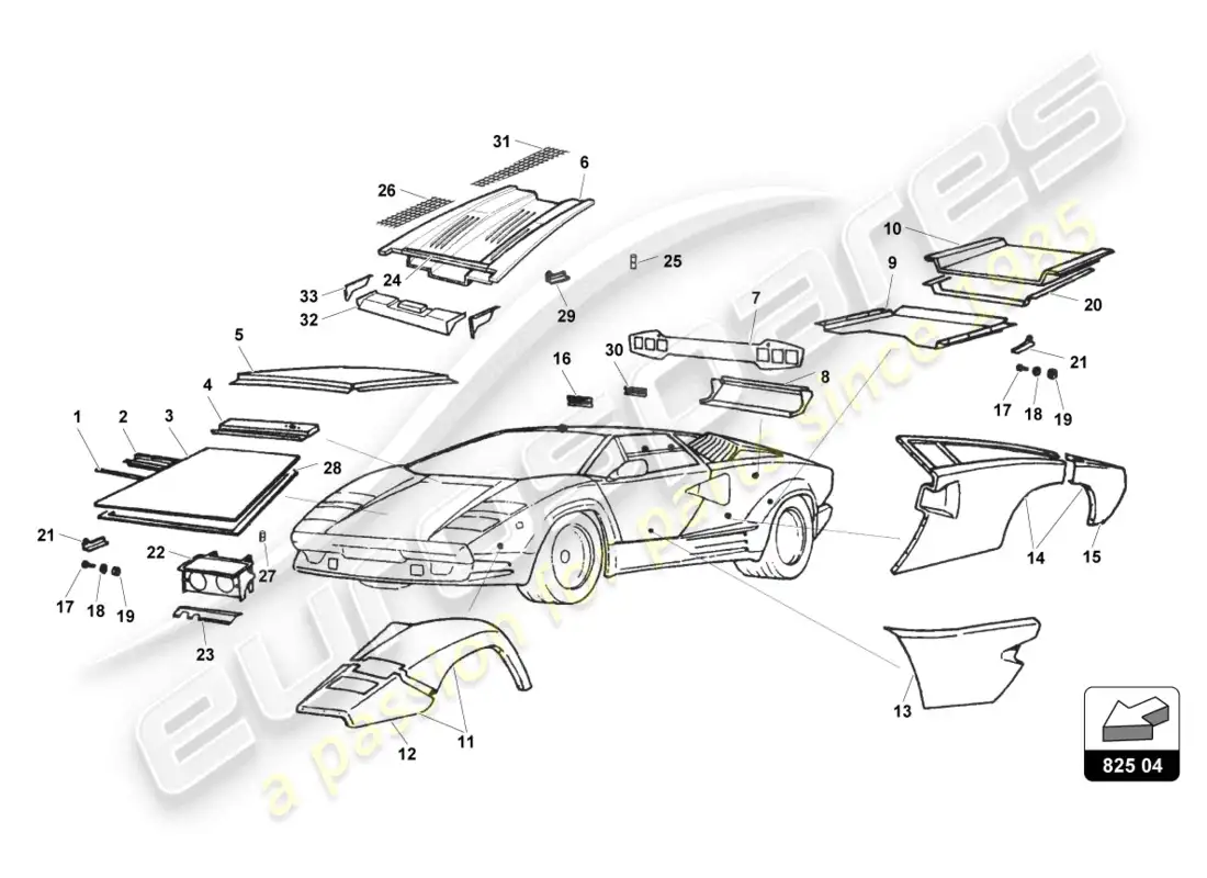 lamborghini countach 25th anniversary (1989) forro externo diagrama de piezas