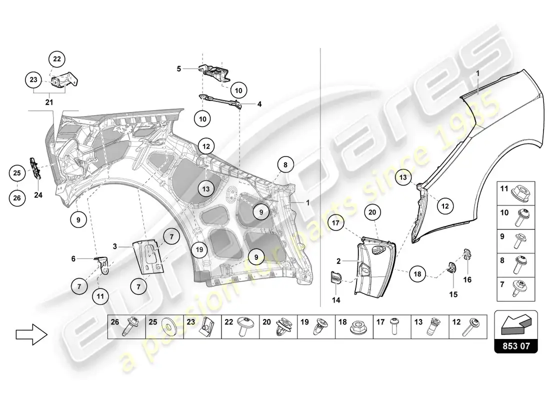 lamborghini evo spyder 2wd (2023) protector de ala diagrama de piezas