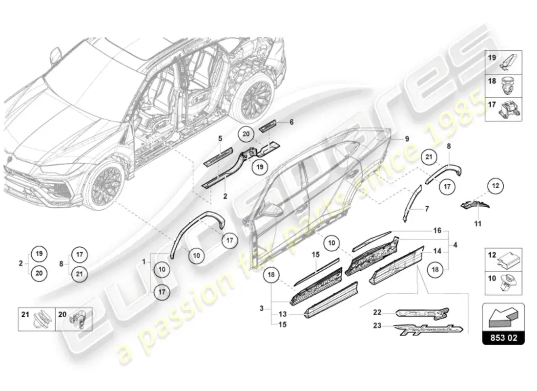 lamborghini urus performante (2024) tira de embellecedor de umbral diagrama de piezas