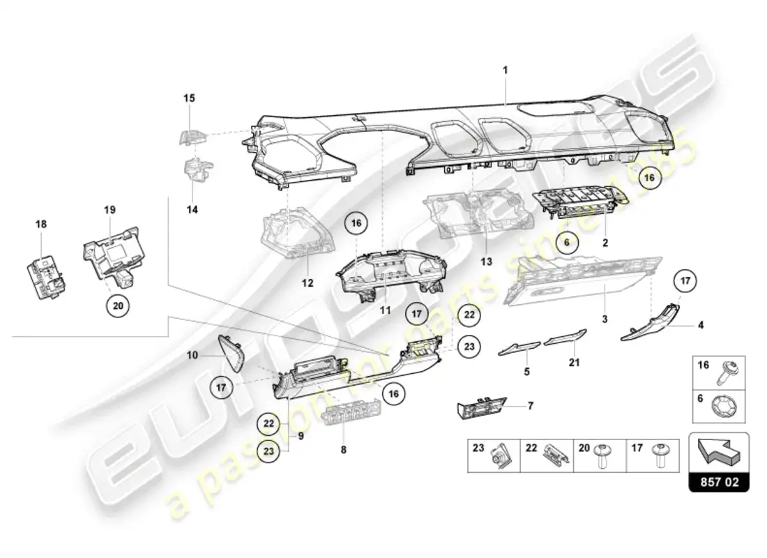 lamborghini evo spyder (2024) adorno del panel de instrumentos diagrama de piezas