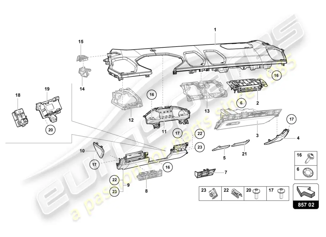 lamborghini tecnica (2023) adorno del panel de instrumentos diagrama de piezas