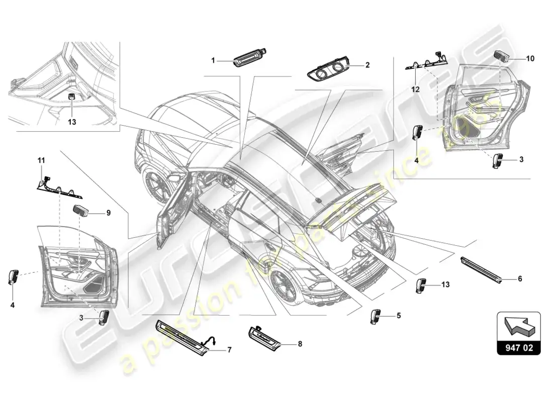 lamborghini urus s (2024) piezas individuales para luz interior y de lectura diagrama de piezas
