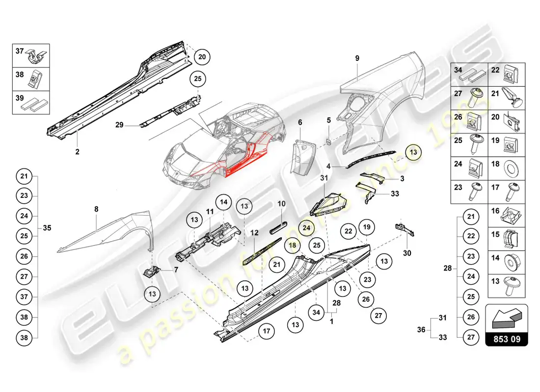 lamborghini evo spyder 2wd (2023) lateral externo inferior para pasaje de rueda diagrama de piezas