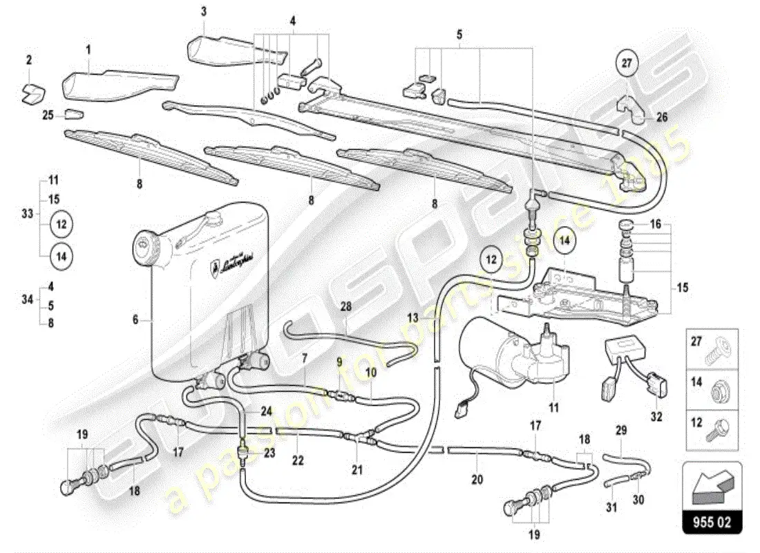 lamborghini diablo vt (1996) diagrama de piezas del limpiaparabrisas