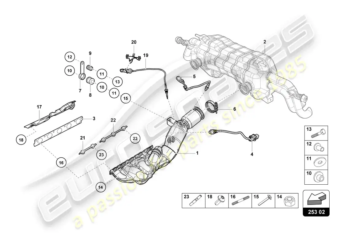 lamborghini evo spyder (2021) colectores de escape diagrama de piezas