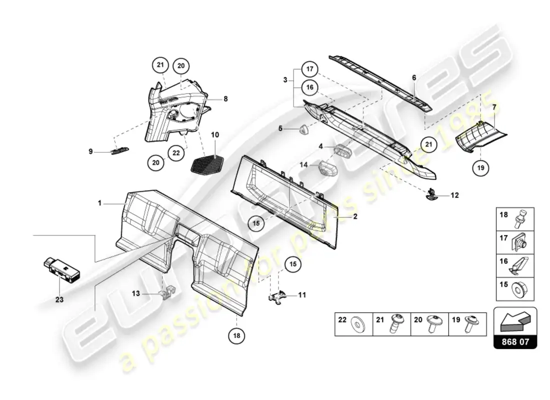 lamborghini evo coupe 2wd (2022) decoración interior diagrama de piezas