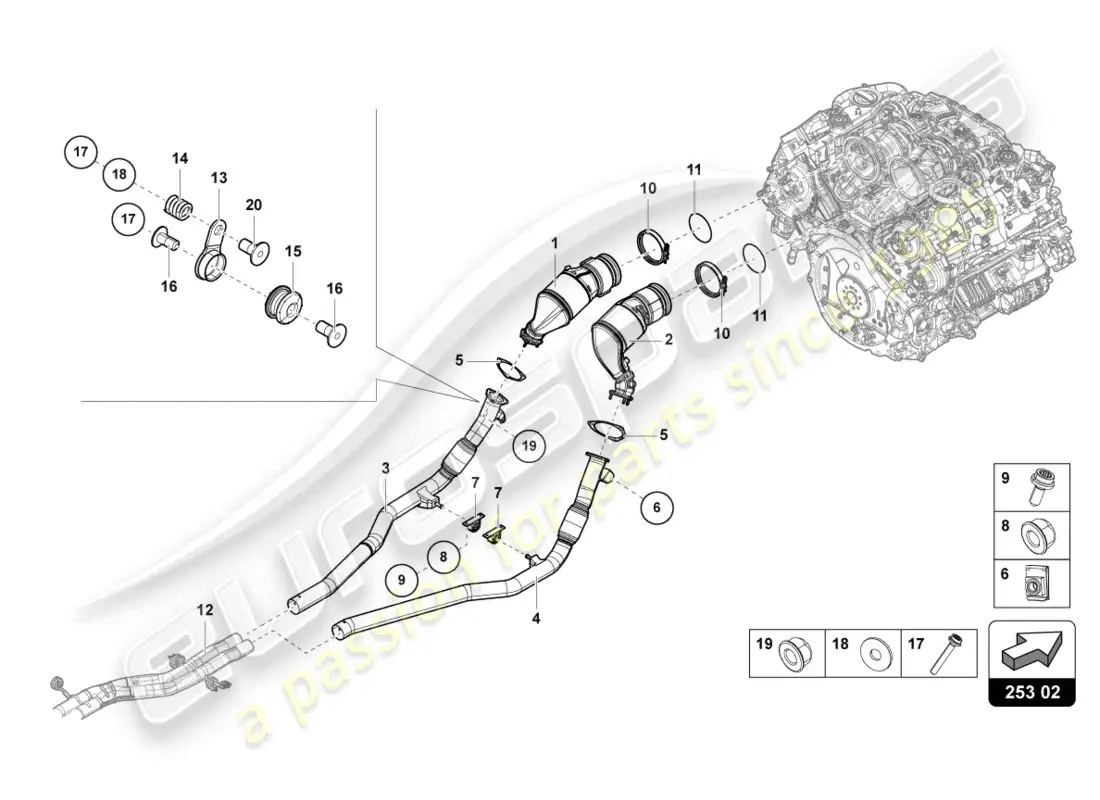 lamborghini urus performante (2024) conversor catalítico diagrama de piezas