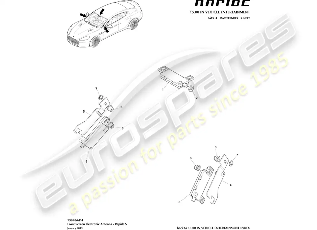 aston martin rapide (2014) antena electrónica, 13my a 14.5my diagrama de piezas