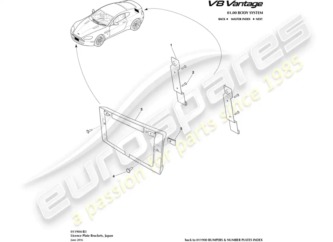 aston martin v8 vantage (2008) soportes de matrícula, diagrama de piezas de japón