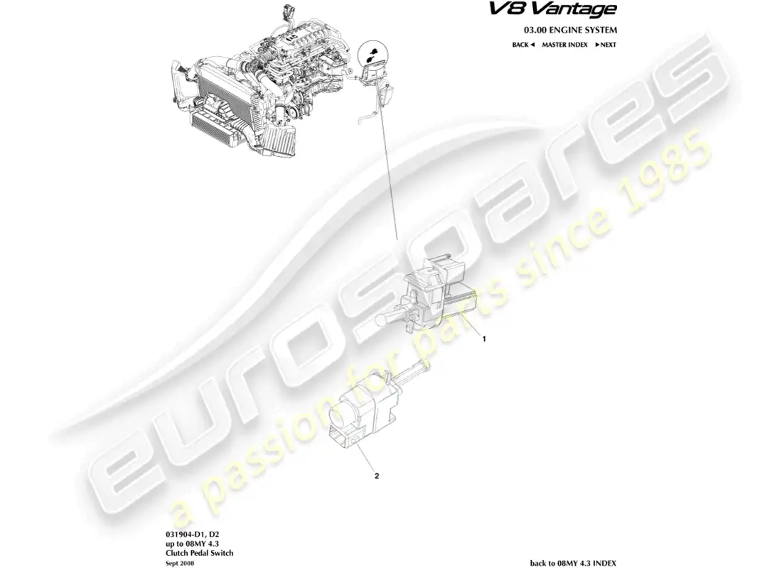 aston martin v8 vantage (2008) diagrama de piezas del interruptor del pedal del embrague