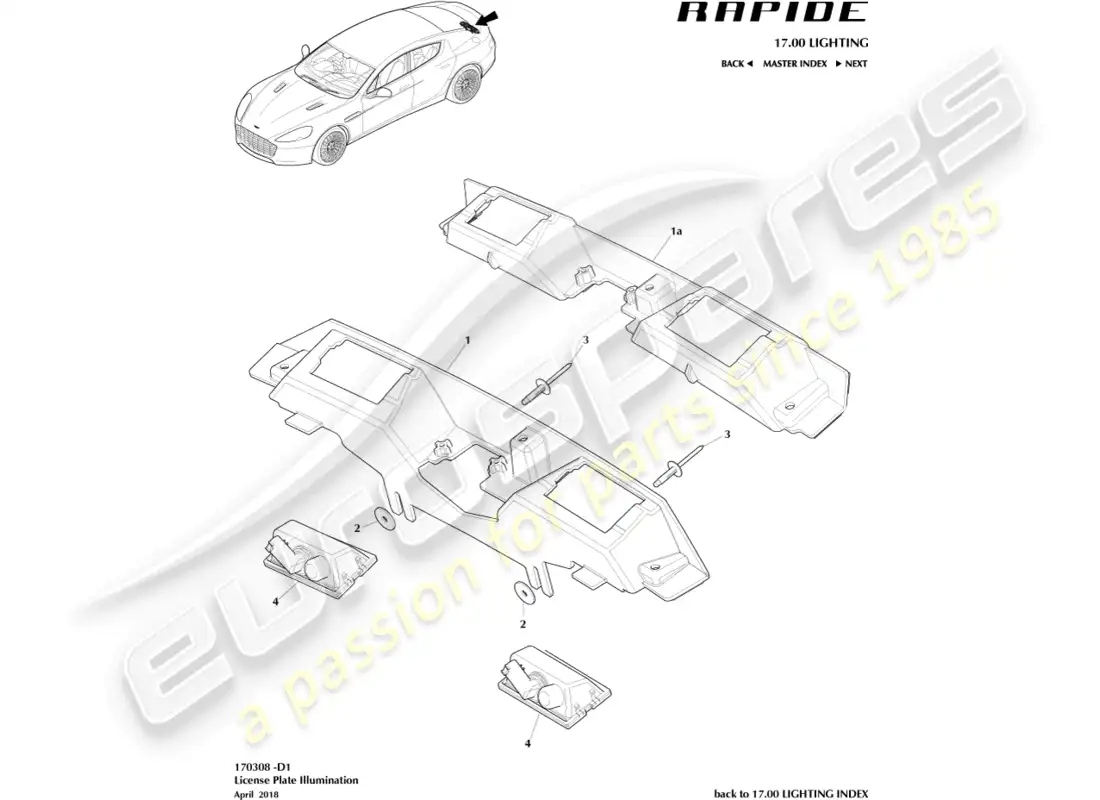 aston martin rapide (2011) license plate lamps diagrama de piezas