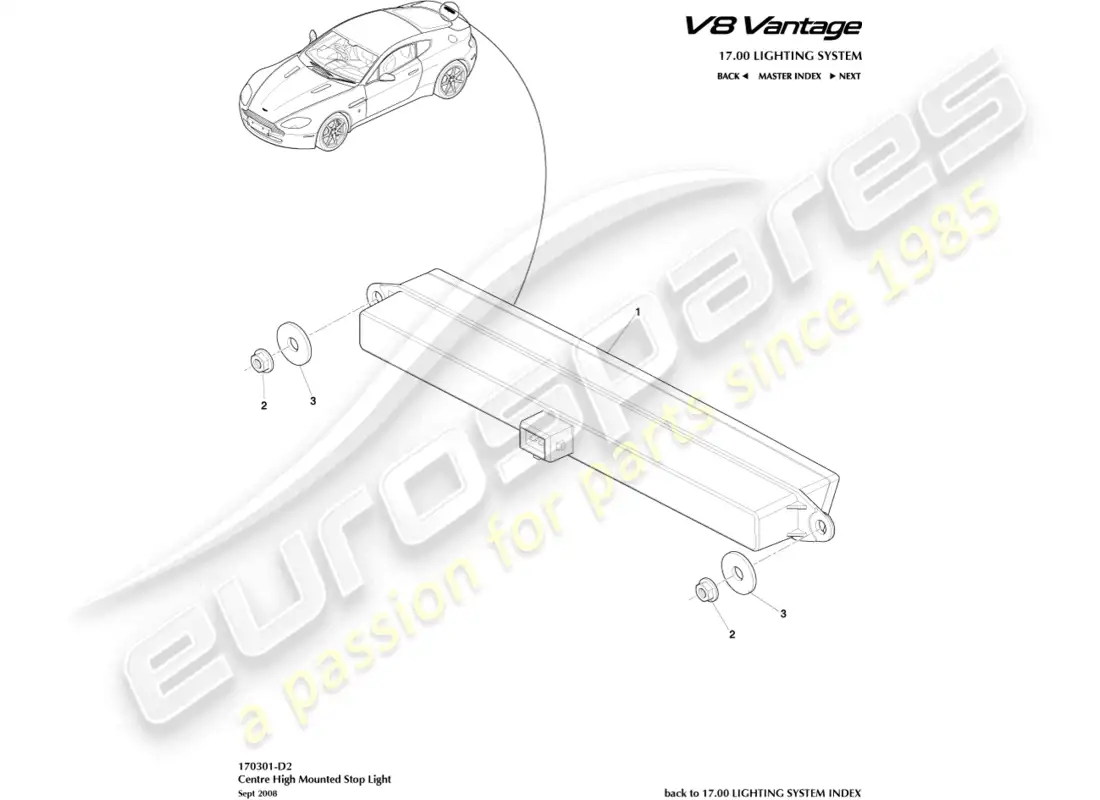 aston martin v8 vantage (2008) diagrama de piezas de la luz de freno montada en alto