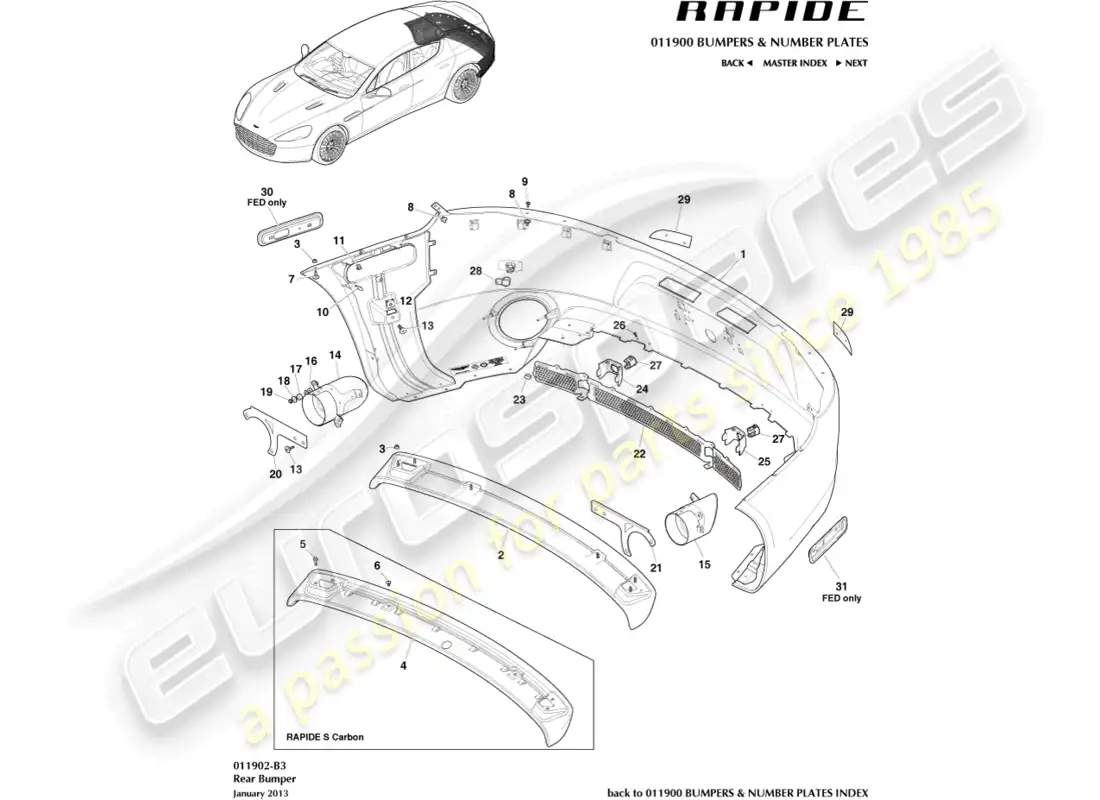 aston martin rapide (2013) parachoques trasero diagrama de piezas