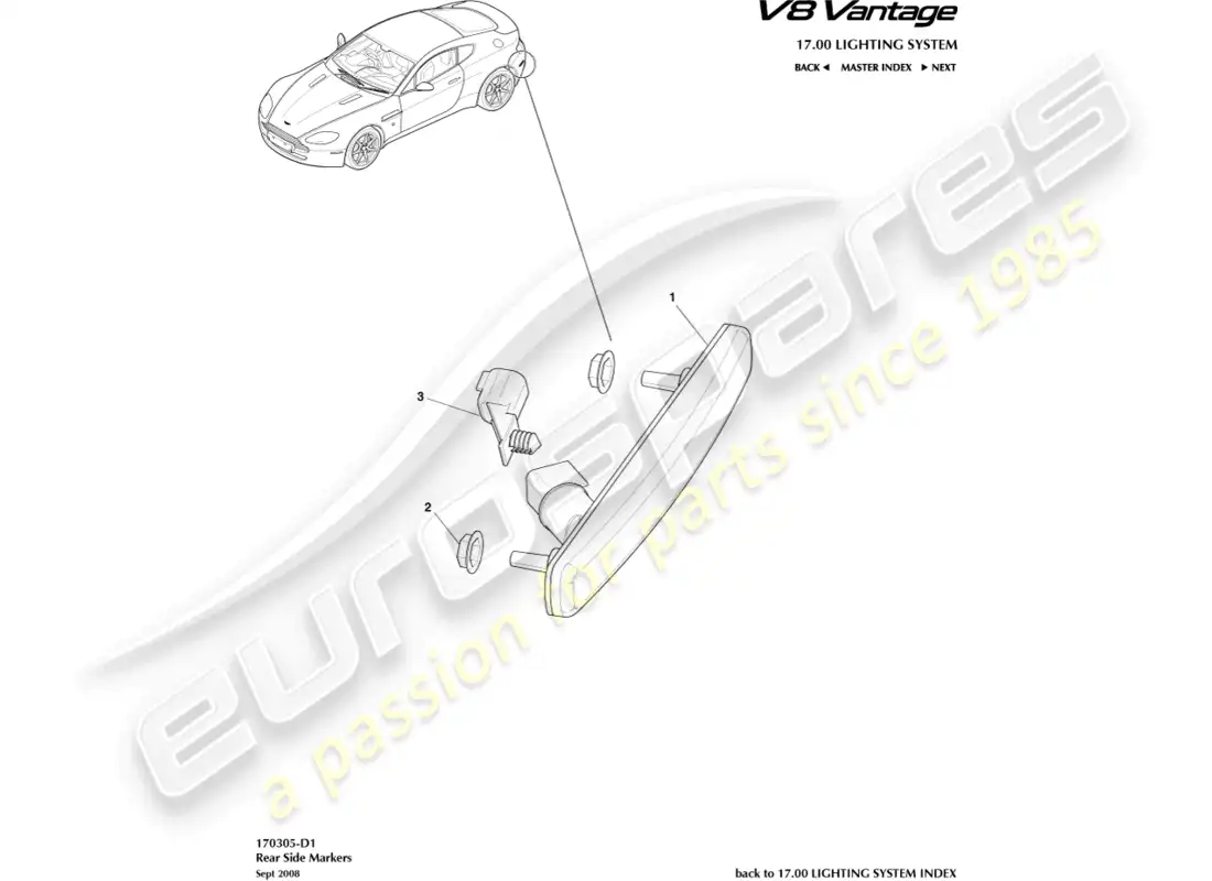 aston martin v8 vantage (2008) diagrama de piezas de los marcadores laterales traseros