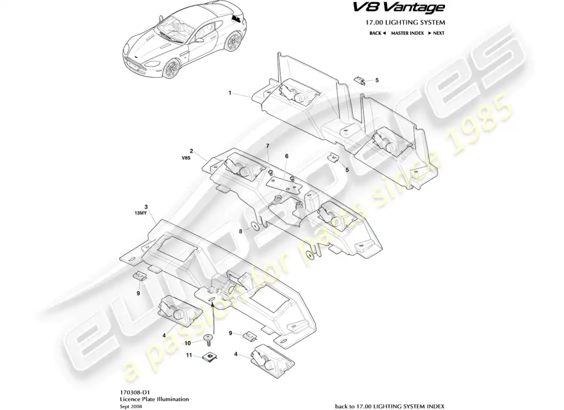 aston martin v8 vantage (2008) diagrama de piezas de las luces de la matrícula