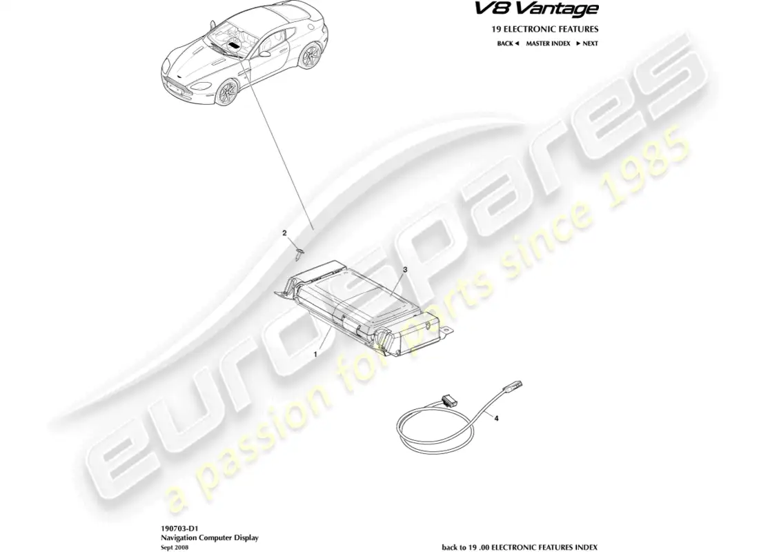 aston martin v8 vantage (2008) diagrama de piezas de la pantalla de navegación