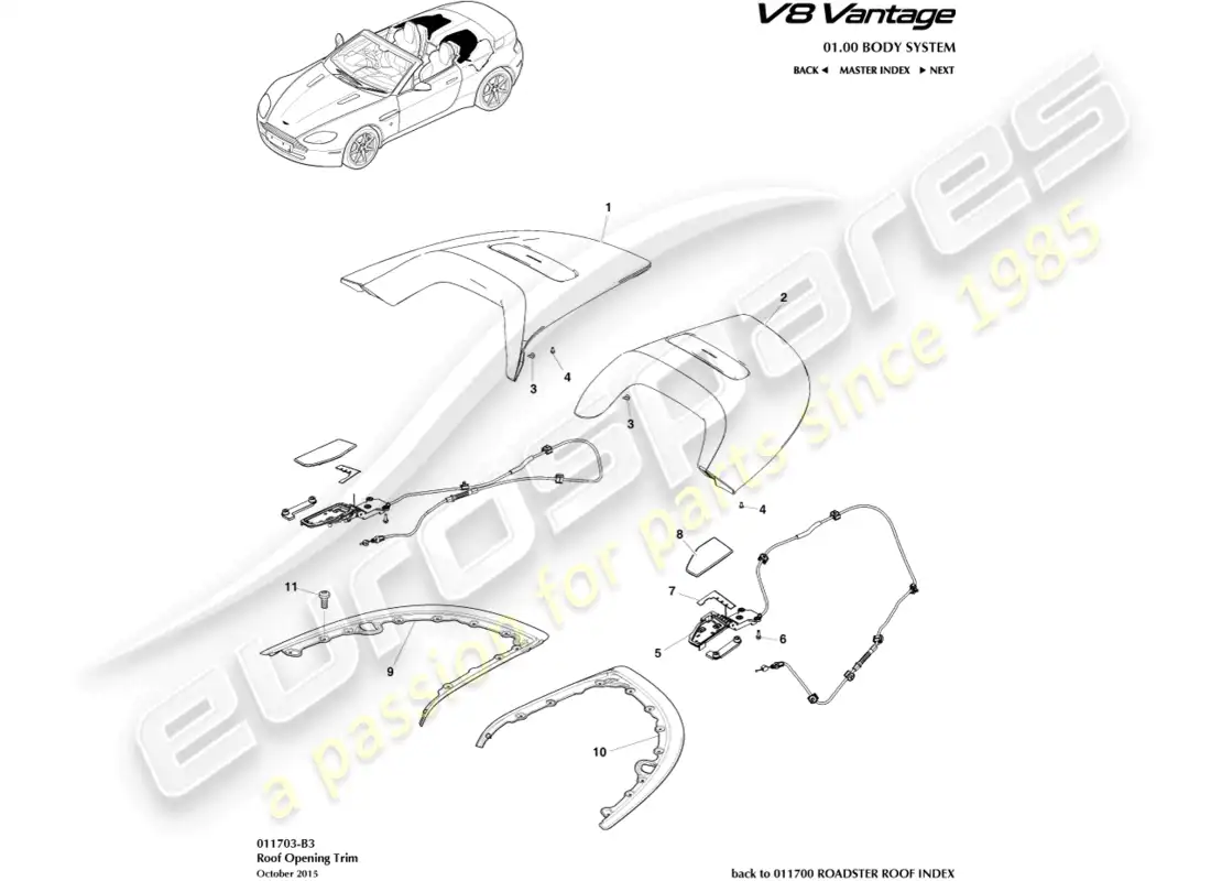 aston martin v8 vantage (2008) diagrama de piezas de moldura de abertura de techo