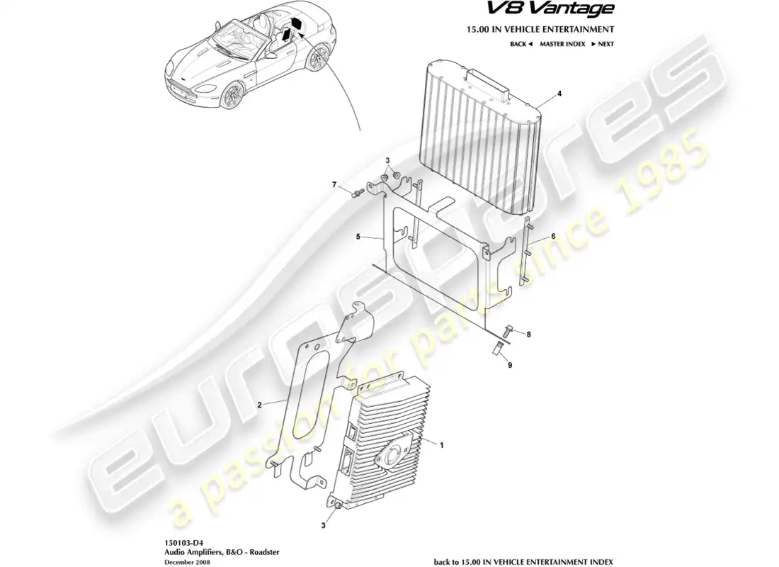 aston martin v8 vantage (2008) amplificadores b&o, diagrama de piezas del roadster