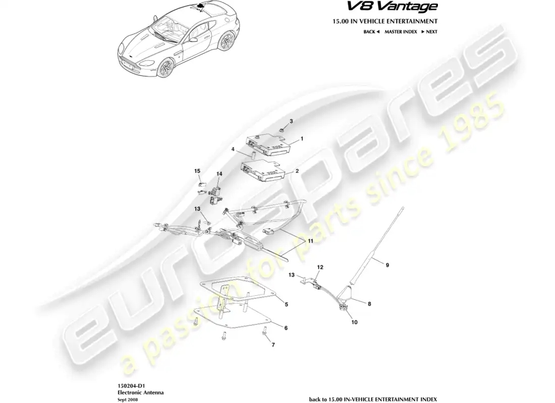 aston martin v8 vantage (2008) diagrama de piezas de antena electrónica