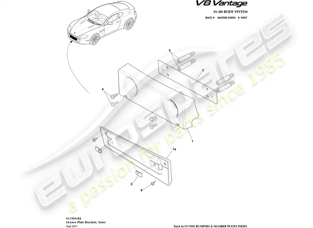 aston martin v8 vantage (2008) soportes de matrícula, diagrama de piezas suizas
