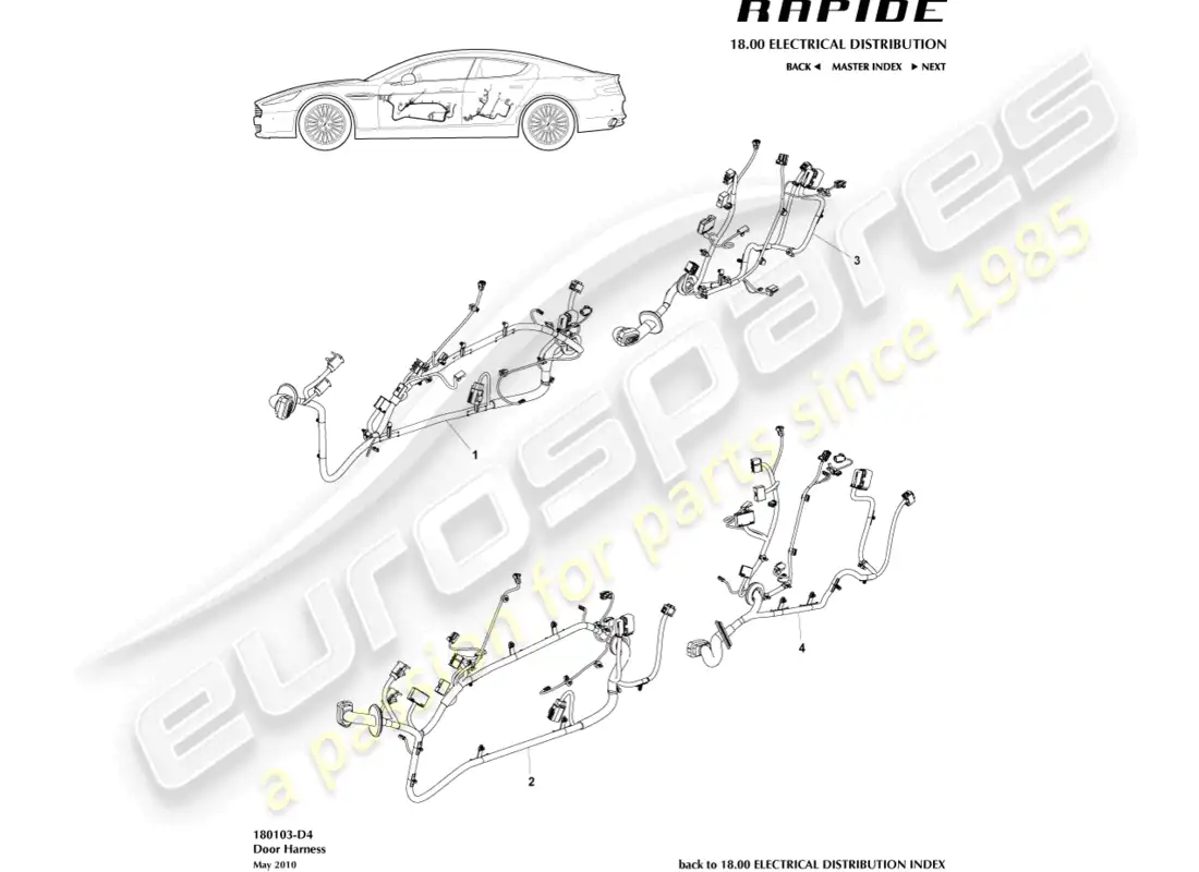 aston martin rapide (2013) arnés de puerta diagrama de piezas