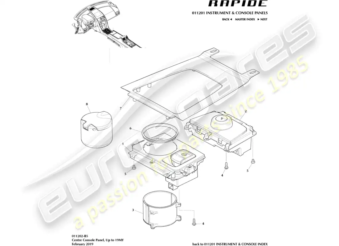 aston martin rapide (2016) panel de consola central diagrama de piezas