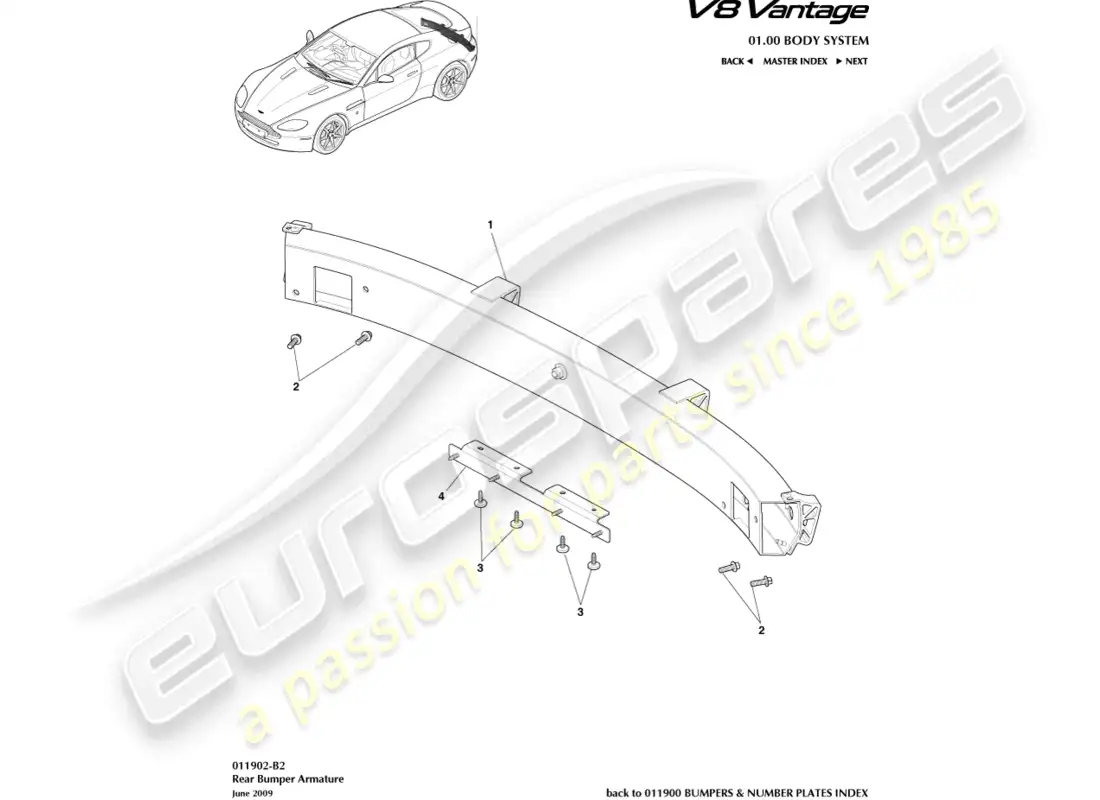 aston martin v8 vantage (2008) diagrama de piezas de la armadura del parachoques trasero