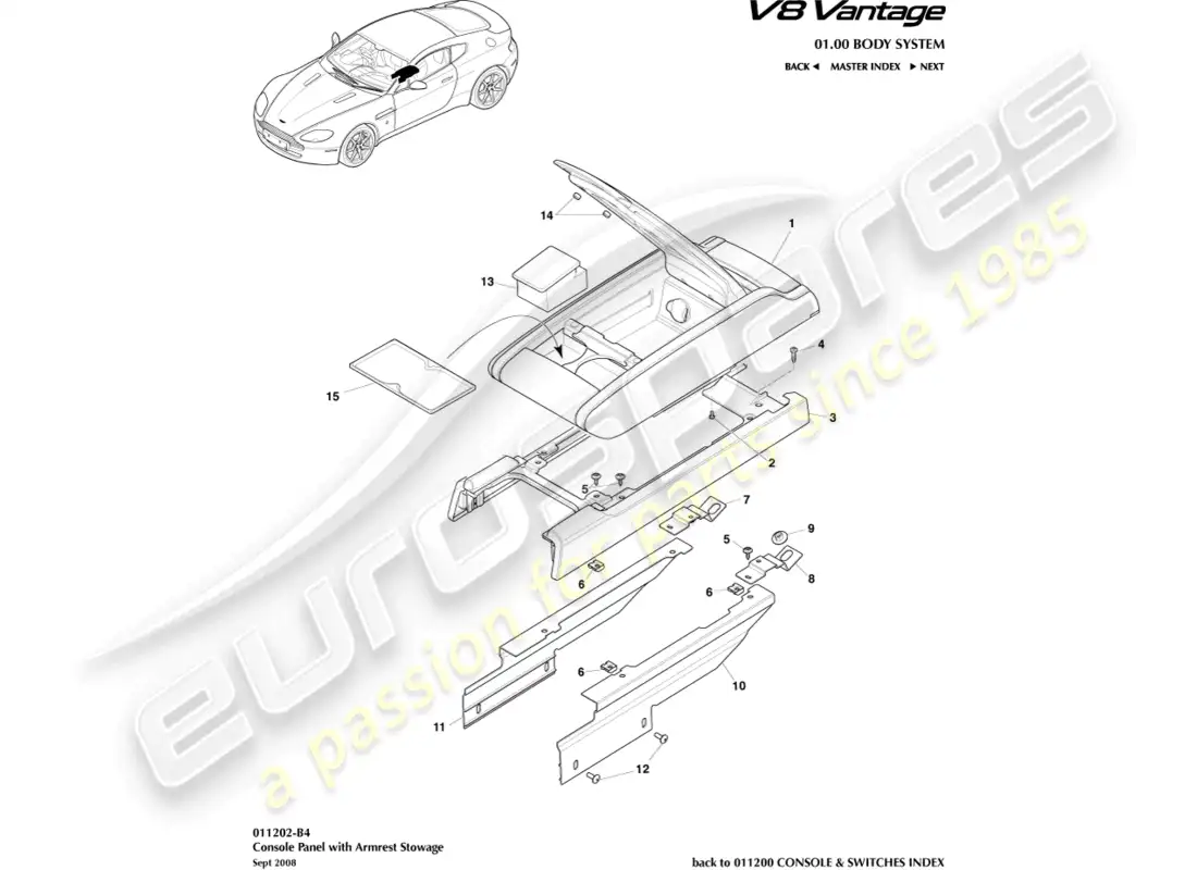 aston martin v8 vantage (2008) diagrama de piezas de la consola central con apoyabrazos