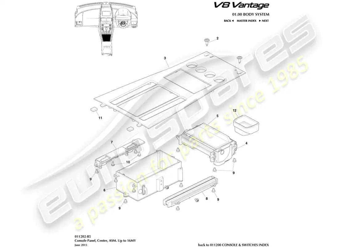 aston martin v8 vantage (2008) consola frontal, asm, a diagrama de pieza 16my