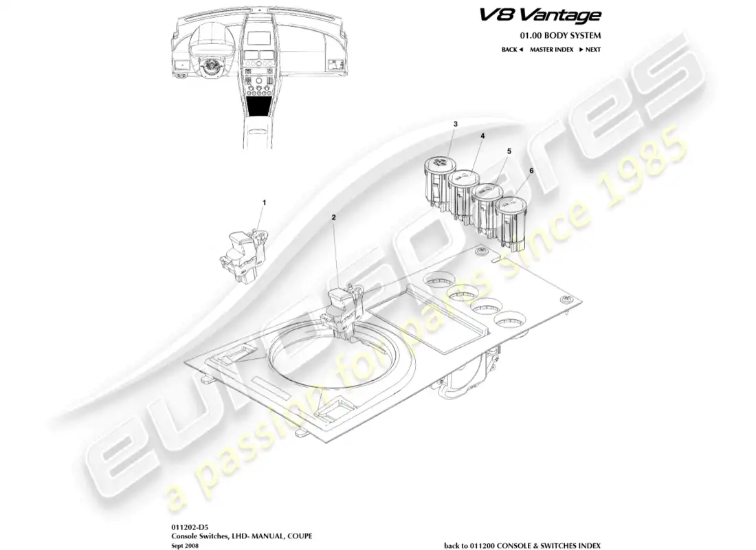 aston martin v8 vantage (2008) interruptores de consola, cupé, diagrama de piezas lhd