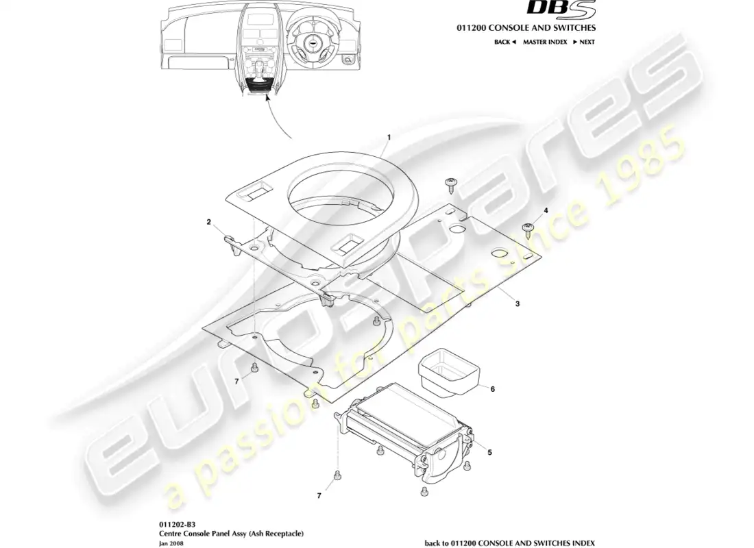 aston martin dbs (2007) consola central, manual diagrama de piezas