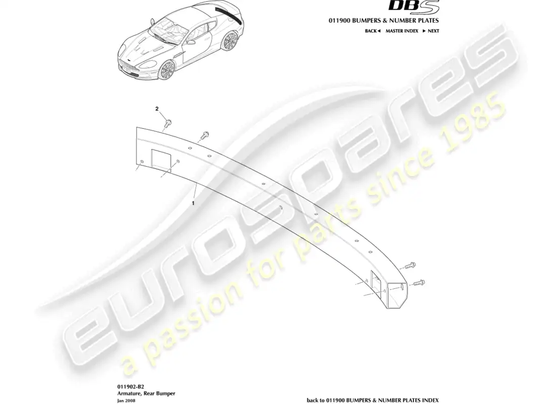 aston martin dbs (2014) armadura del parachoques trasero diagrama de piezas