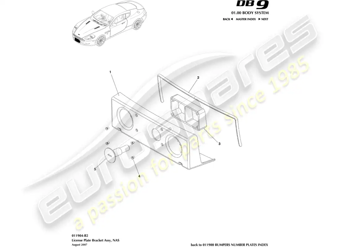 aston martin db9 (2005) soportes para matrícula, nas diagrama de piezas