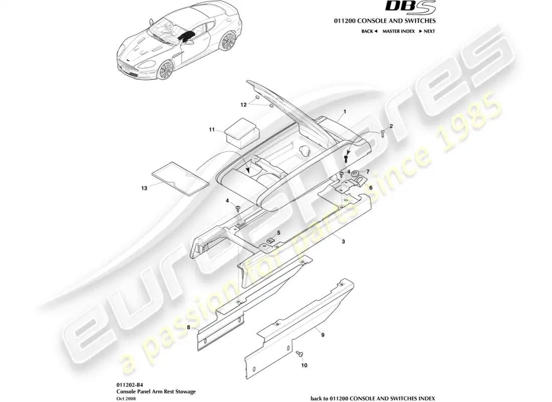 aston martin dbs (2007) consola central, apoyabrazos diagrama de piezas