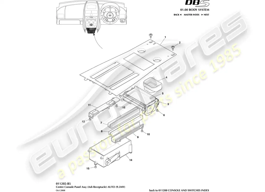 aston martin dbs (2007) consola central, automática diagrama de piezas