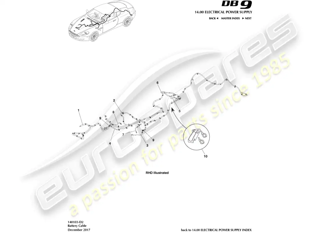 aston martin db9 (2005) batería cables, diagrama de piezas del cupé