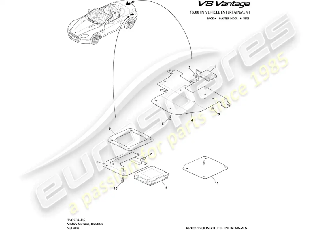 aston martin v8 vantage (2008) antena sdars, diagrama de piezas del roadster