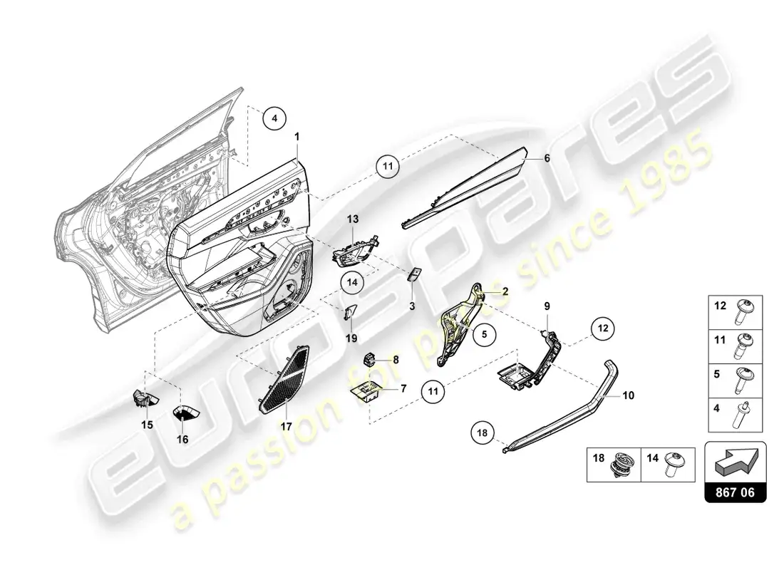 lamborghini urus (2019) panel de la puerta trasero diagrama de piezas