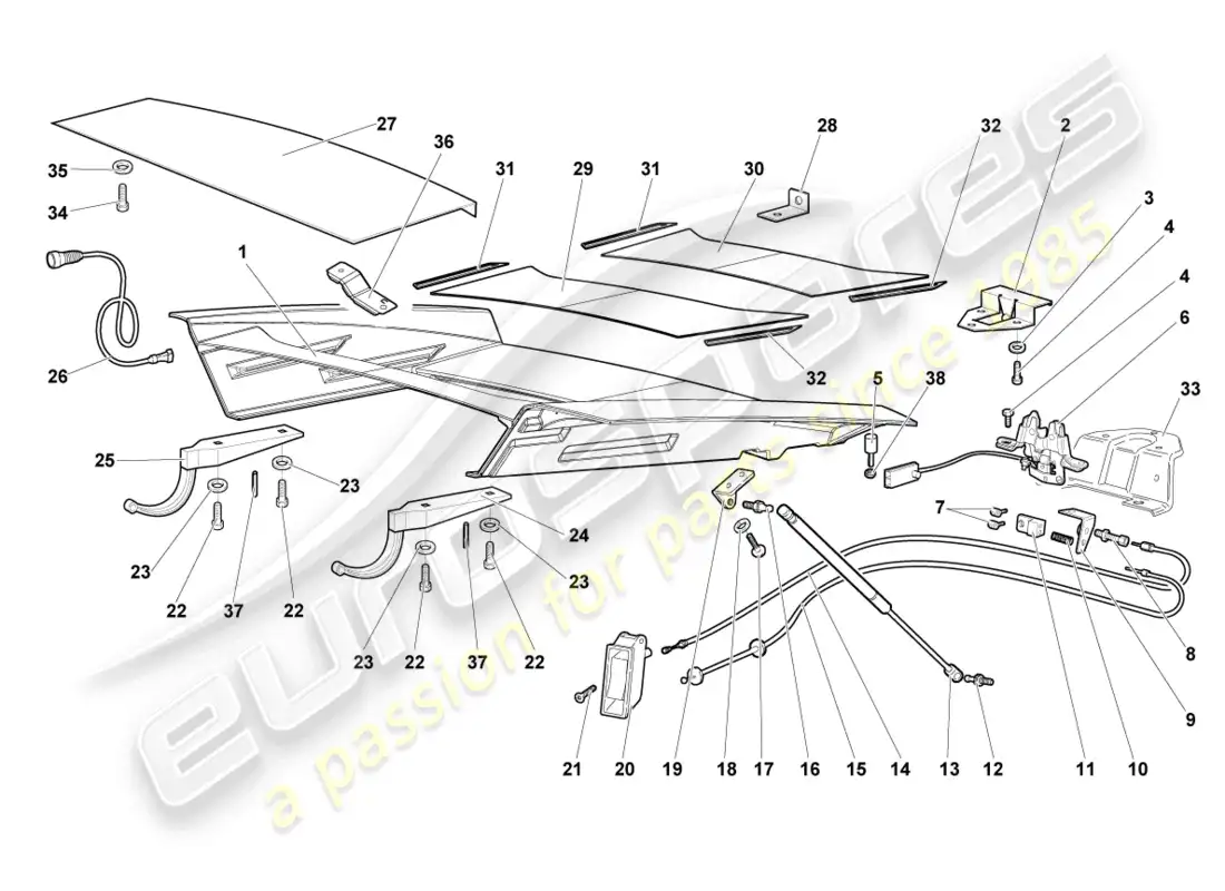 lamborghini lp640 coupe (2007) tapa para cubierta de motor transparente diagrama de piezas