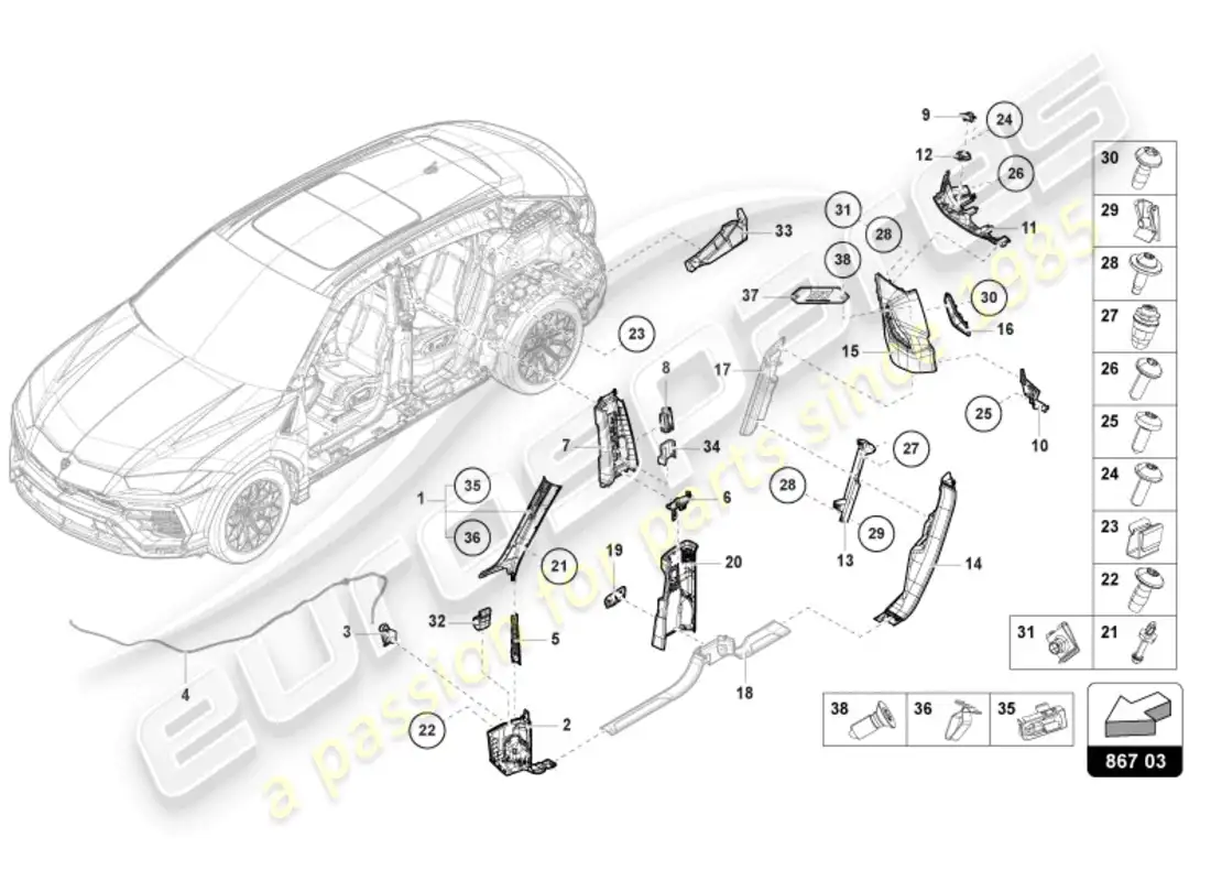 lamborghini urus (2019) adorno del pilar diagrama de piezas