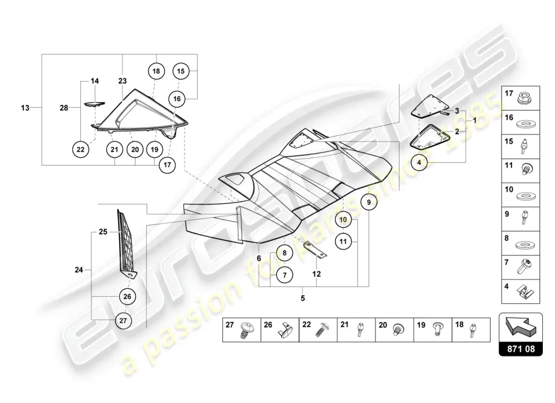 lamborghini evo spyder (2024) conv. superior, cubierta de bisagra diagrama de piezas