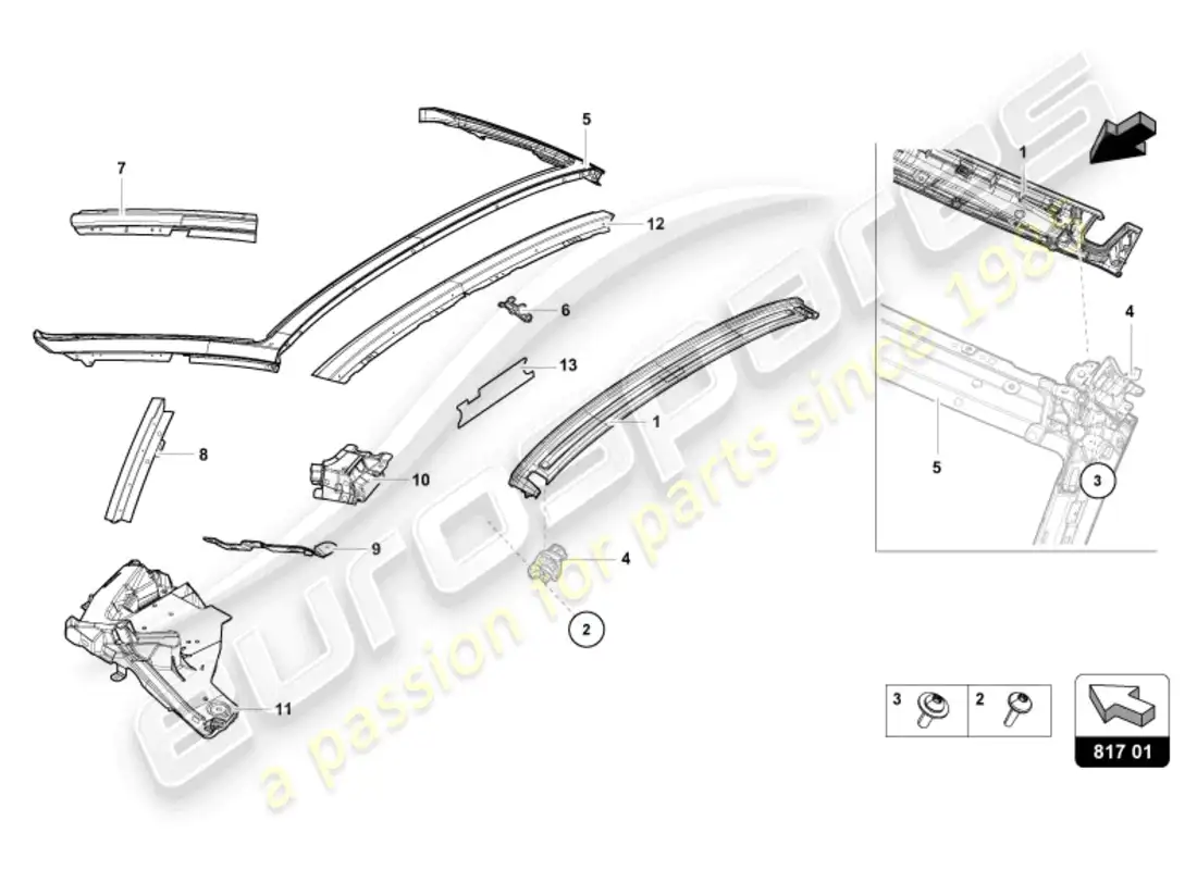 lamborghini evo spyder (2024) ventana con bisagras diagrama de piezas