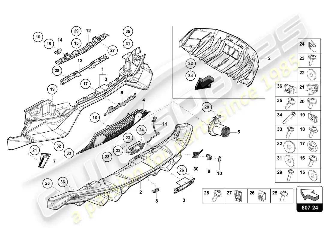 lamborghini ultimae roadster (2022) parachoques trasero completo diagrama de pieza