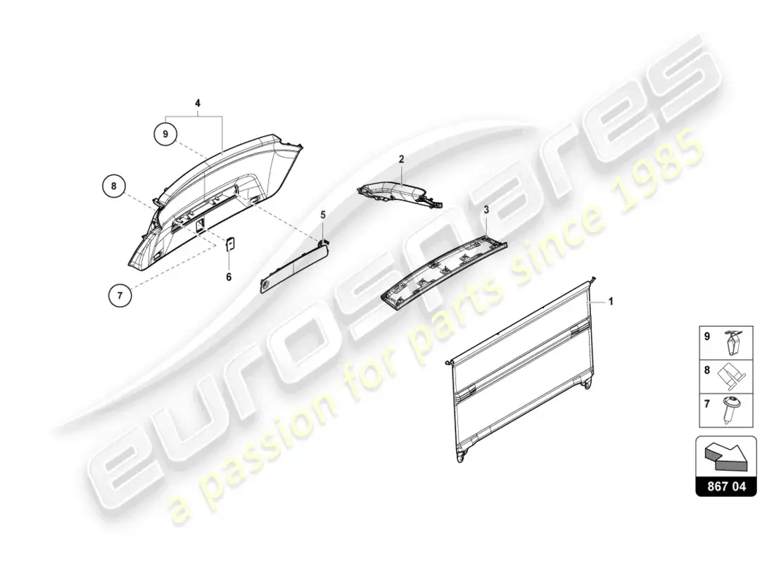 lamborghini urus (2019) panel de acabado de la tapa trasera diagrama de piezas