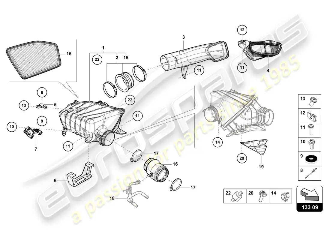lamborghini tecnica (2023) carcasa del filtro de aire diagrama de piezas