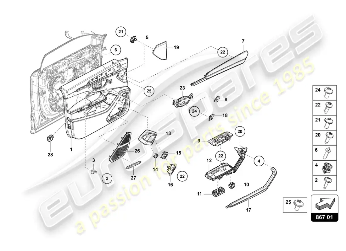 lamborghini urus s (2023) panel de puerta delantero diagrama de piezas