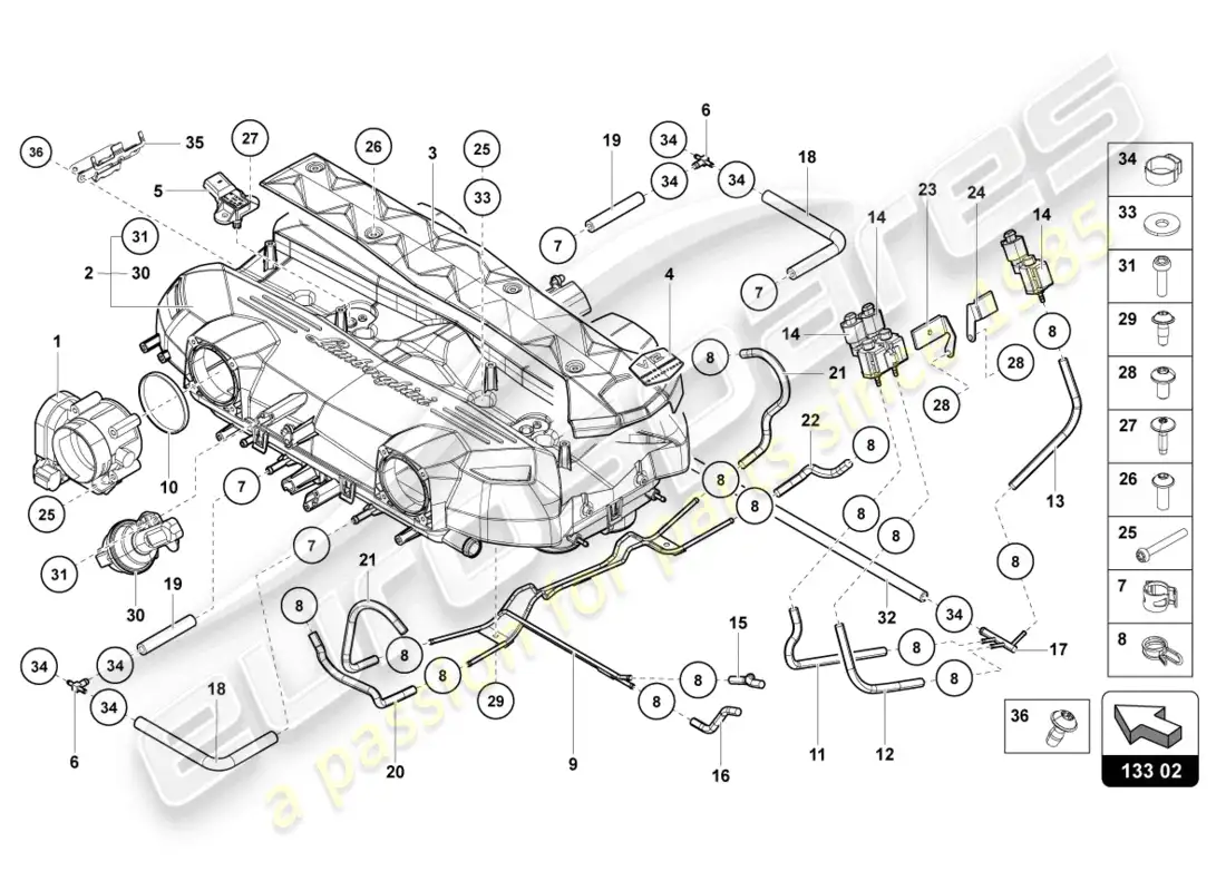 lamborghini sian roadster (2021) colector de admisión diagrama de piezas
