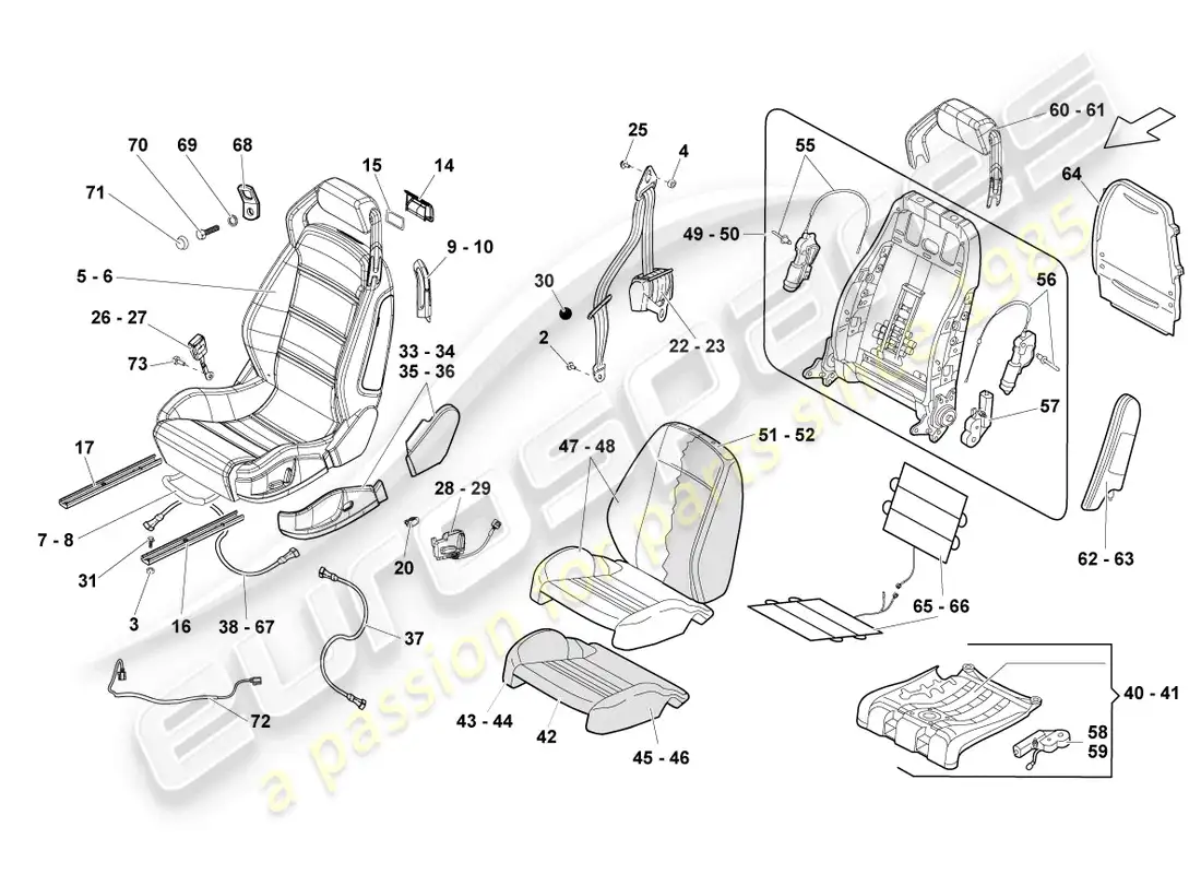 lamborghini lp570-4 spyder performante (2012) asiento completo diagrama de piezas